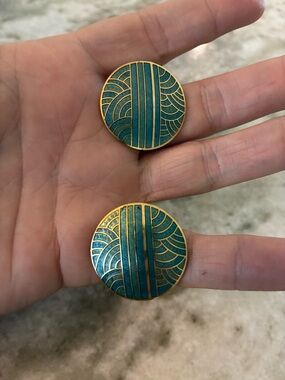 Vintage Teal and Gold Round Enamel Earrings, pierced.